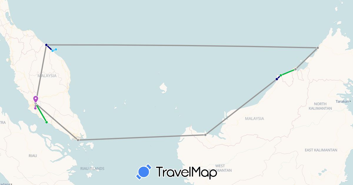 TravelMap itinerary: driving, bus, plane, train, boat in Brunei, Malaysia, Singapore (Asia)